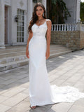 Sheath/Column Stretch Crepe Lace V-neck Sleeveless Sweep/Brush Train Wedding Dresses Bridal Gowns