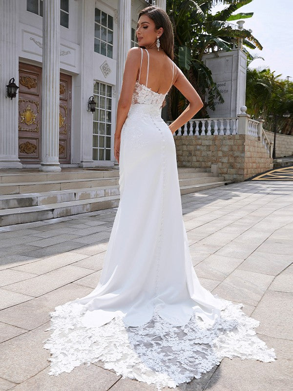 Sheath/Column Stretch Crepe Lace V-neck Sleeveless Sweep/Brush Train Wedding Dresses Bridal Gowns