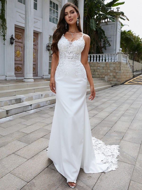 Sheath/Column Stretch Crepe Lace V-neck Sleeveless Sweep/Brush Train Wedding Dresses Bridal Gowns