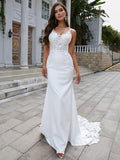 Sheath/Column Stretch Crepe Lace V-neck Sleeveless Sweep/Brush Train Wedding Dresses Bridal Gowns