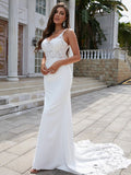 Sheath/Column Stretch Crepe Lace V-neck Sleeveless Sweep/Brush Train Wedding Dresses Bridal Gowns