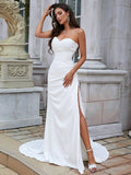 Sheath/Column Stretch Crepe Ruched Sweetheart Sleeveless Sweep/Brush Train Wedding Dresses Bridal Gowns