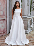 A-Linie/Princess-Linie Satin Rüschen U-Ausschnitt Ärmellos Sweep/Pinsel zug Brautkleider
