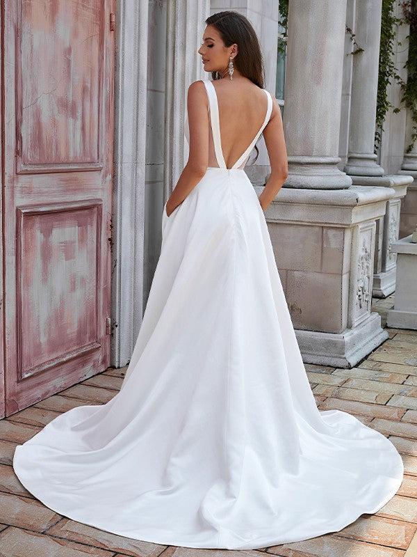 A-Linie/Princess-Linie Satin Rüschen U-Ausschnitt Ärmellos Sweep/Pinsel zug Brautkleider