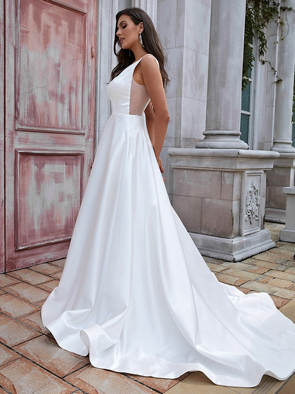 A-Linie/Princess-Linie Satin Rüschen U-Ausschnitt Ärmellos Sweep/Pinsel zug Brautkleider