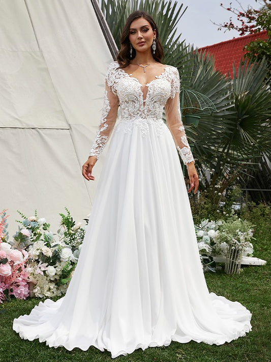 A-Line/Princess Chiffon Applique V-neck Long Sleeves Sweep/Brush Train Wedding Dresses Bridal Gowns