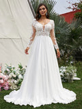 A-Line/Princess Chiffon Applique V-neck Long Sleeves Sweep/Brush Train Wedding Dresses Bridal Gowns