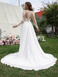 A-Line/Princess Chiffon Applique V-neck Long Sleeves Sweep/Brush Train Wedding Dresses Bridal Gowns