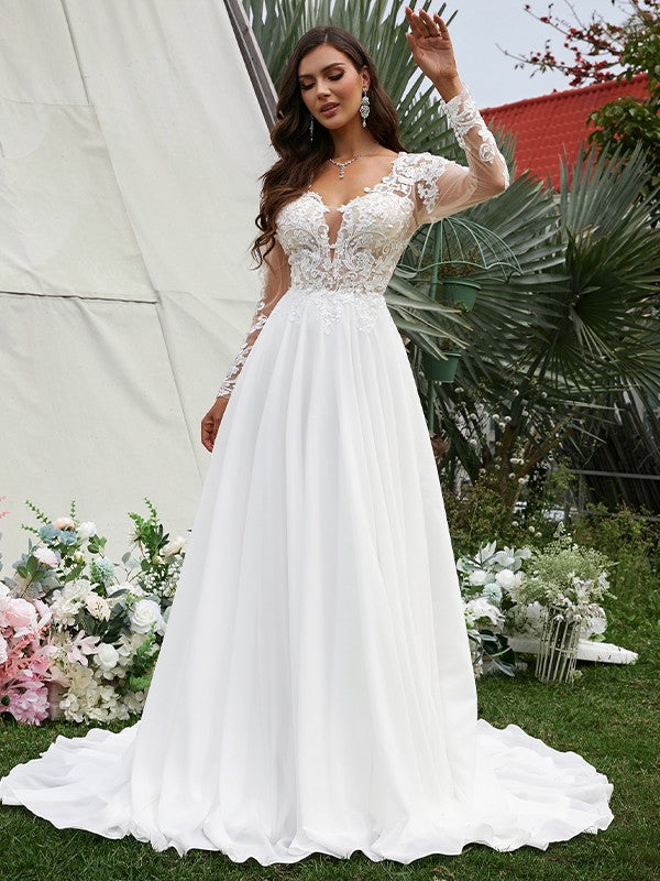 A-Line/Princess Chiffon Applique V-neck Long Sleeves Sweep/Brush Train Wedding Dresses Bridal Gowns
