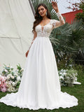 A-Line/Princess Chiffon Applique V-neck Long Sleeves Sweep/Brush Train Wedding Dresses Bridal Gowns