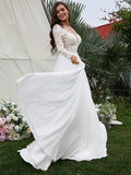 A-Line/Princess Chiffon Applique V-neck Long Sleeves Sweep/Brush Train Wedding Dresses Bridal Gowns