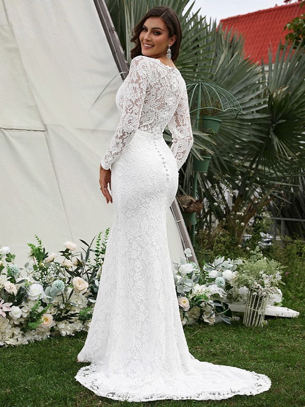 Vestidos de novia con escote en V, mangas largas, encaje, flores hechas a mano y cola larga.