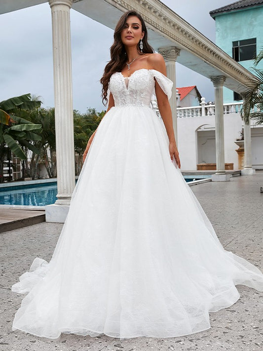 A-Line/Princess Lace Applique Off-the-Shoulder Sleeveless Sweep/Brush Train Wedding Dresses Bridal Gowns