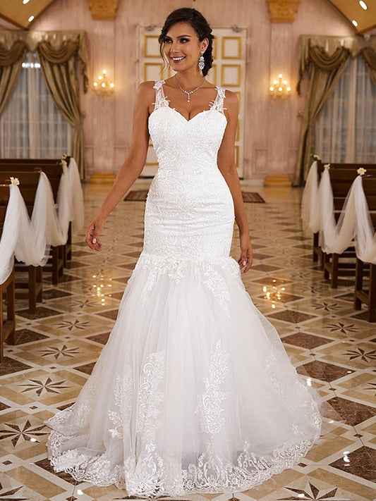 Trumpet/Mermaid Lace Applique V-neck Sleeveless Sweep/Brush Train Wedding Dresses Bridal Gowns