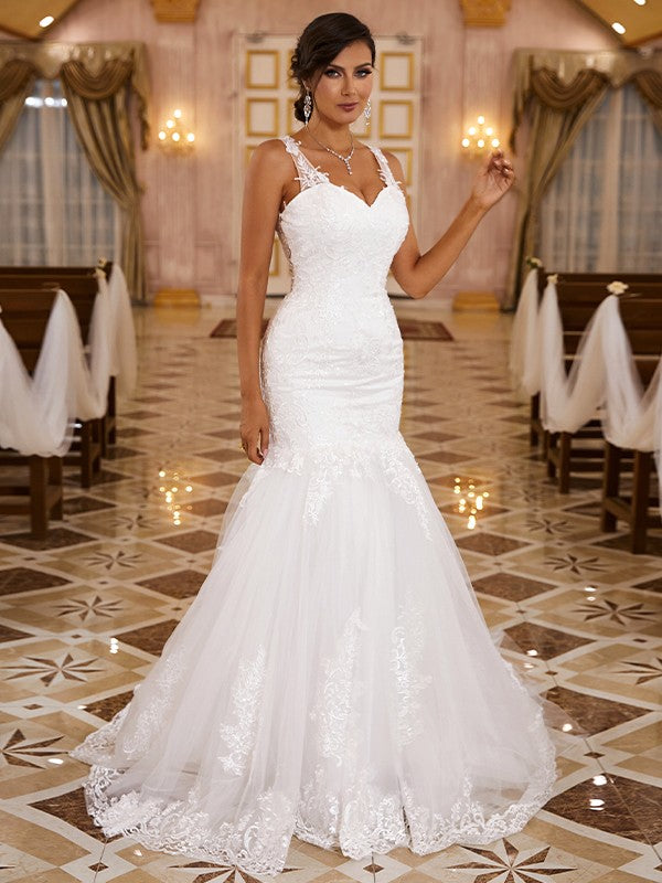 Trumpet/Mermaid Lace Applique V-neck Sleeveless Sweep/Brush Train Wedding Dresses Bridal Gowns