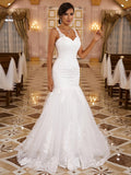 Trumpet/Mermaid Lace Applique V-neck Sleeveless Sweep/Brush Train Wedding Dresses Bridal Gowns