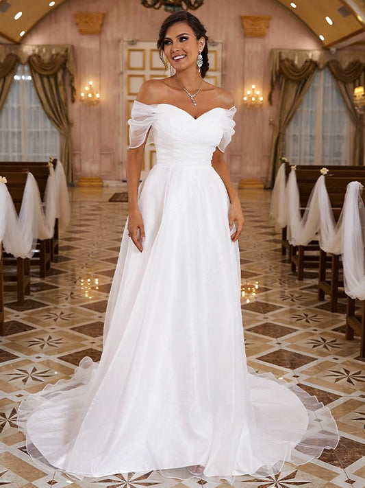 A-Linie/Princess-Linie Organza Rüschen Off-the-Shoulder-Träger Ärmellos Sweep/Pinsel Zug Brautkleider
