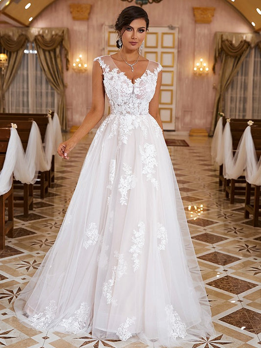 Vestidos de novia de corte A/princesa con apliques de encaje, escote en V, sin mangas, cola larga