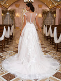 A-Line/Princess Lace Applique V-neck Sleeveless Sweep/Brush Train Wedding Dresses Bridal Gowns