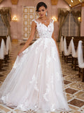 A-Line/Princess Lace Applique V-neck Sleeveless Sweep/Brush Train Wedding Dresses Bridal Gowns