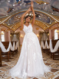 A-Line/Princess Lace Applique V-neck Sleeveless Sweep/Brush Train Wedding Dresses Bridal Gowns