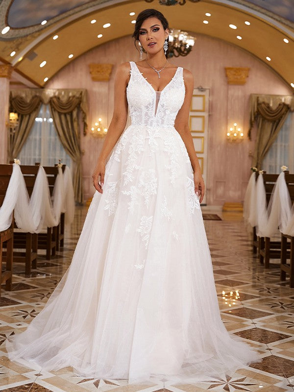 Vestidos de novia de corte A/princesa con apliques de encaje, escote en V, sin mangas, cola larga