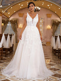 Vestidos de novia de corte A/princesa con apliques de encaje, escote en V, sin mangas, cola larga