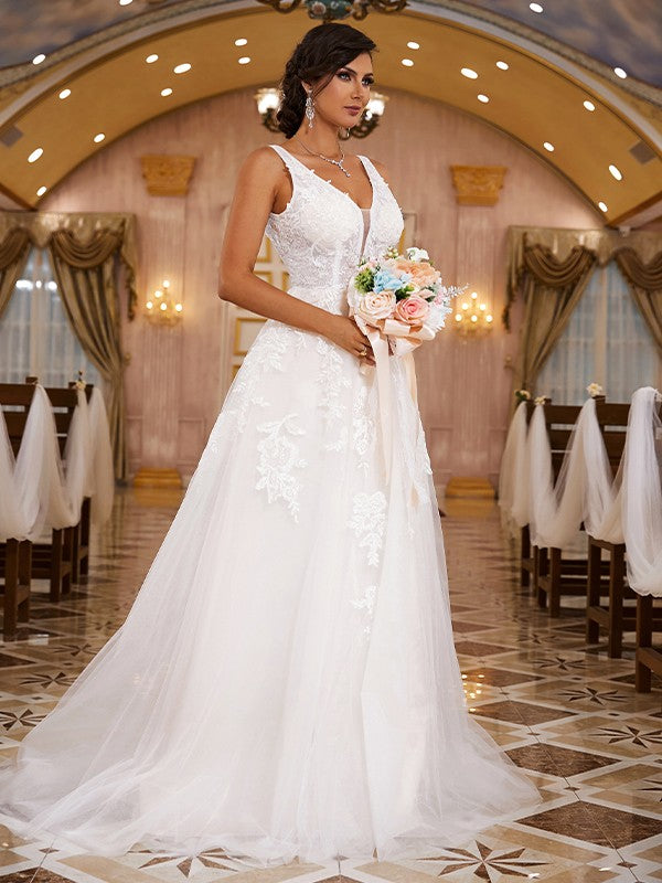 Vestidos de novia de corte A/princesa con apliques de encaje, escote en V, sin mangas, cola larga