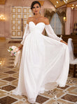 A-Linie/Princess-Linie 30D Chiffon Rüschen Off-the-Shoulder Lange Ärmel Sweep/Pinsel Zug Brautkleider Brautkleider