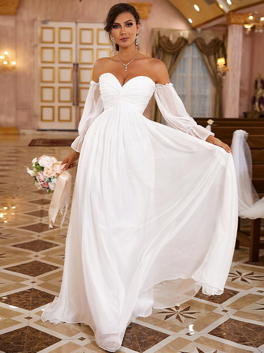 A-Linie/Princess-Linie 30D Chiffon Rüschen Off-the-Shoulder Lange Ärmel Sweep/Pinsel Zug Brautkleider Brautkleider
