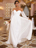 A-Linie/Princess-Linie 30D Chiffon Rüschen Off-the-Shoulder Lange Ärmel Sweep/Pinsel Zug Brautkleider Brautkleider