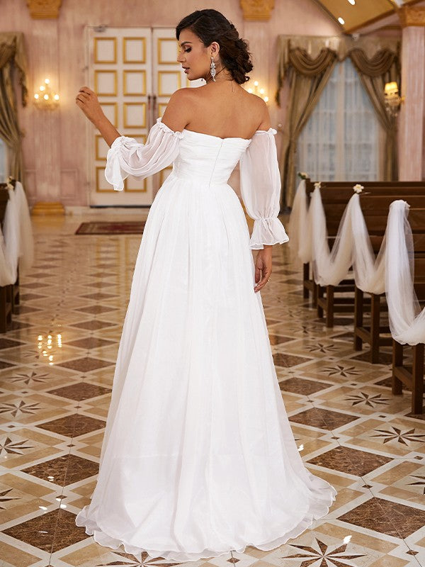 A-Linie/Princess-Linie 30D Chiffon Rüschen Off-the-Shoulder Lange Ärmel Sweep/Pinsel Zug Brautkleider Brautkleider