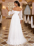 A-Linie/Princess-Linie 30D Chiffon Rüschen Off-the-Shoulder Lange Ärmel Sweep/Pinsel Zug Brautkleider Brautkleider