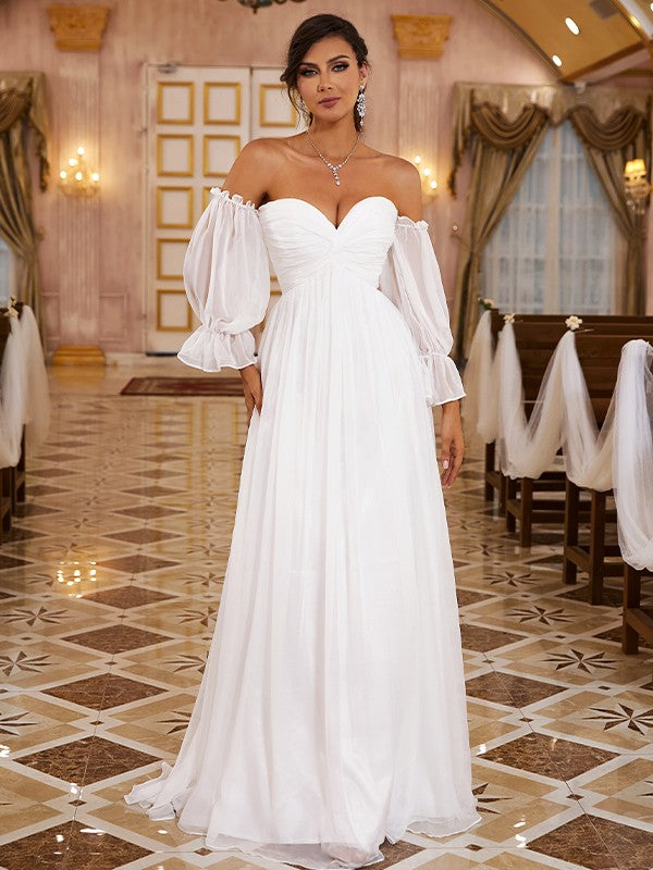 A-Linie/Princess-Linie 30D Chiffon Rüschen Off-the-Shoulder Lange Ärmel Sweep/Pinsel Zug Brautkleider Brautkleider