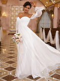 A-Linie/Princess-Linie 30D Chiffon Rüschen Off-the-Shoulder Lange Ärmel Sweep/Pinsel Zug Brautkleider Brautkleider