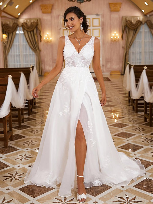 A-Linie/Princess-Linie Organza Applikationen V-Ausschnitt Ärmellos Sweep/Pinsel zug Brautkleider