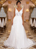 A-Linie/Princess-Linie Organza Applikationen V-Ausschnitt Ärmellos Sweep/Pinsel zug Brautkleider