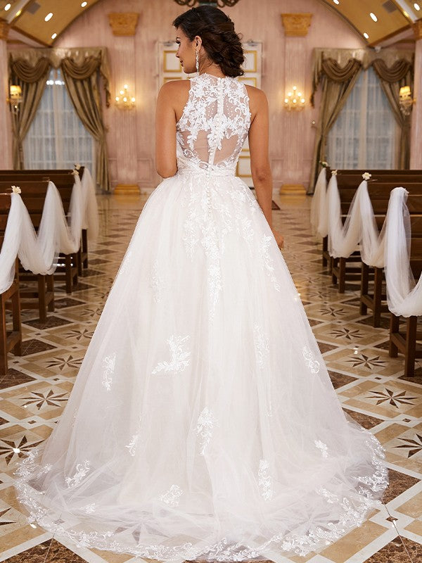 A-Linie/Princess-Linie Spitze Applikationen U-Ausschnitt Ärmellos Sweep/Pinsel zug Brautkleider