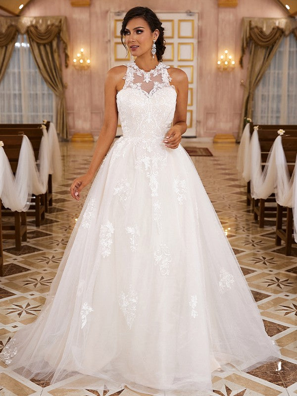 A-Linie/Princess-Linie Spitze Applikationen U-Ausschnitt Ärmellos Sweep/Pinsel zug Brautkleider
