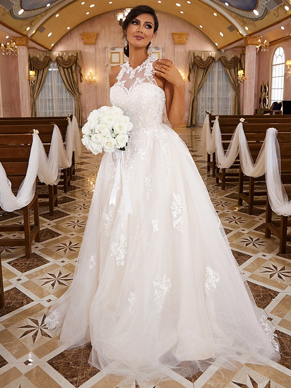 A-Linie/Princess-Linie Spitze Applikationen U-Ausschnitt Ärmellos Sweep/Pinsel zug Brautkleider