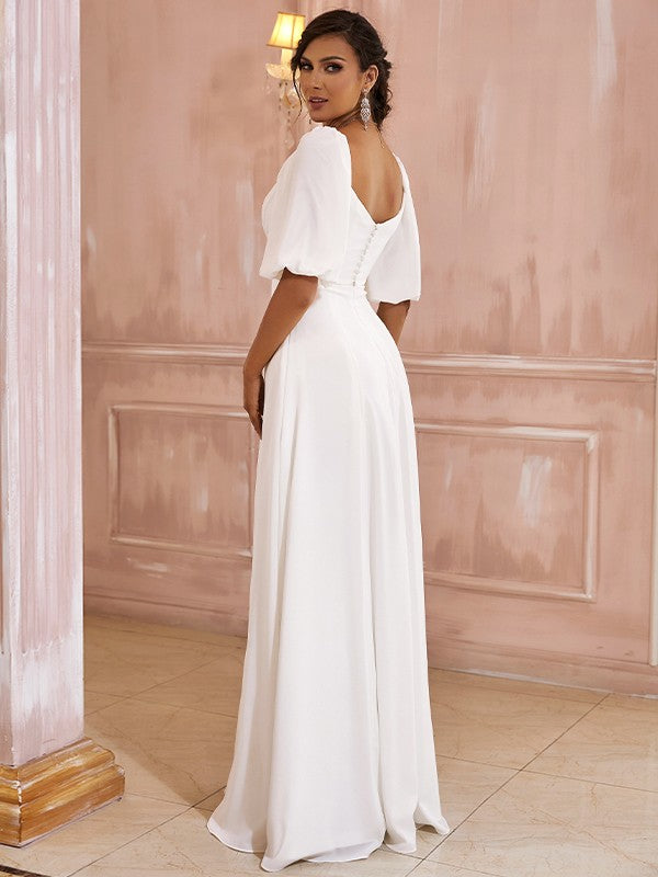 A-Linie/Princess-Linie Chiffon Gerüscht Off-the-Shoulder 1/2 Ärmel Bodenlang Brautkleider Brautkleider