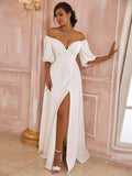 A-Linie/Princess-Linie Chiffon Gerüscht Off-the-Shoulder 1/2 Ärmel Bodenlang Brautkleider Brautkleider
