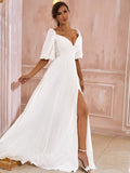 A-Linie/Princess-Linie Chiffon Gerüscht Off-the-Shoulder 1/2 Ärmel Bodenlang Brautkleider Brautkleider
