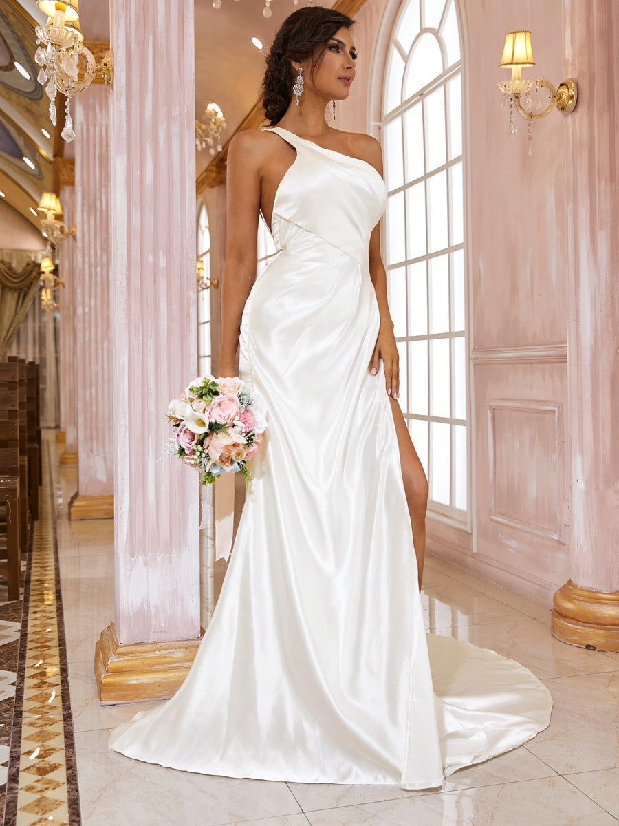Etui-Linie/Säule Satin Rüschen One-Shoulder-Träger Ärmellos Sweep/Pinsel Zug Brautkleider Brautkleider