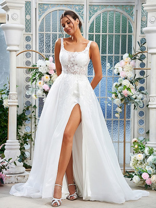A-Linie/Princess-Linie Organza Spitze Träger Ärmellos Sweep/Pinsel zug Brautkleider