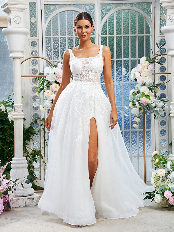 A-Linie/Princess-Linie Organza Spitze Träger Ärmellos Sweep/Pinsel zug Brautkleider