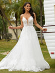 A-Line/Princess Tulle Applique V-neck Sleeveless Court Train Wedding Dresses Bridal Gowns
