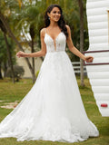 A-Line/Princess Tulle Applique V-neck Sleeveless Court Train Wedding Dresses Bridal Gowns