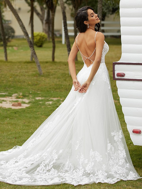 A-Line/Princess Tulle Applique V-neck Sleeveless Court Train Wedding Dresses Bridal Gowns