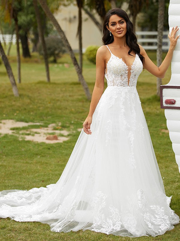 A-Line/Princess Tulle Applique V-neck Sleeveless Court Train Wedding Dresses Bridal Gowns